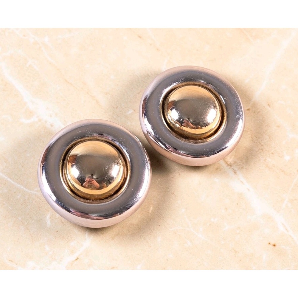 Alexis Kirk Silver Gold‎ Tone Metal Button Clip On Earrings Vintage Chunky 80s